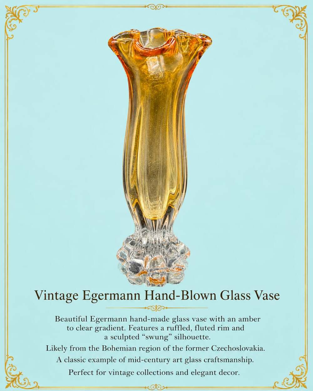 Vintage Egermann Bohemian Hand-Blown Swung Glass Vase in Amber and Clear